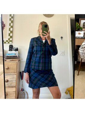 TOMMY HILFIGER Y2K BLUE PLAID SKIRT BLAZER JACKET SET WOMENS 4